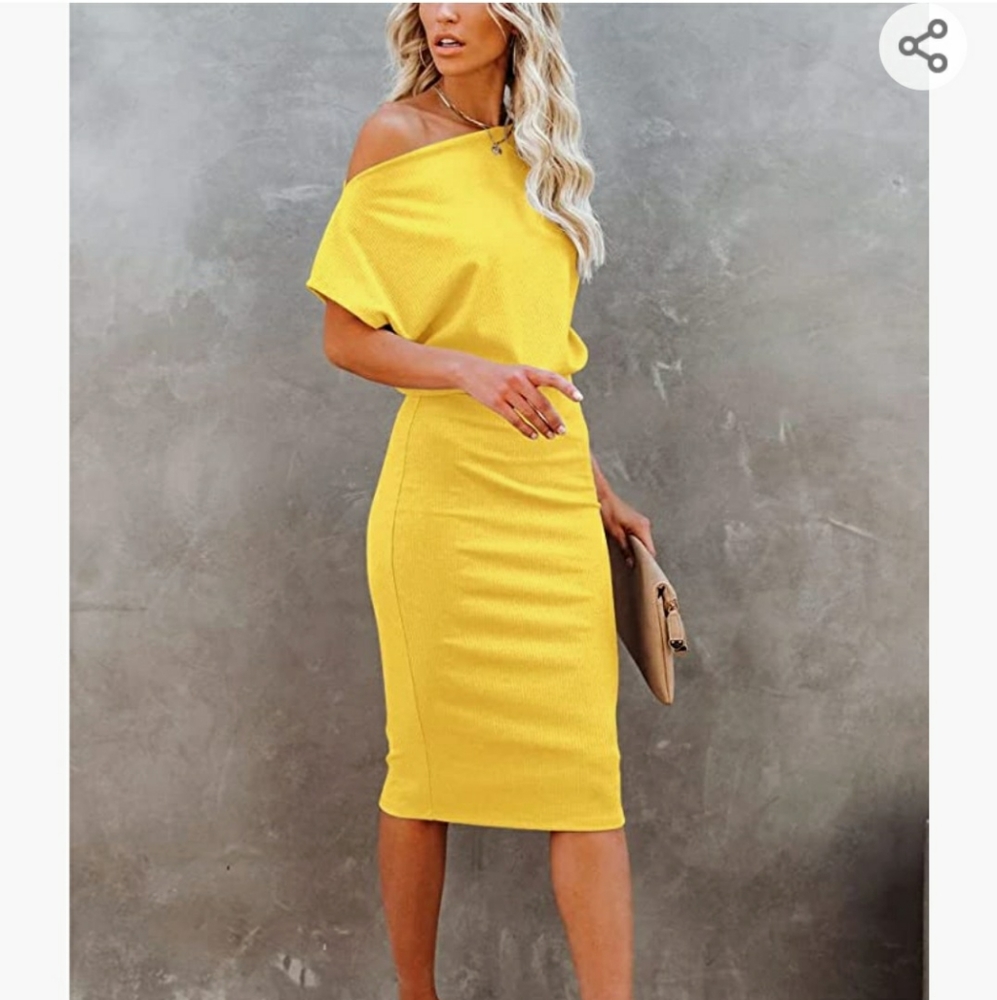 Yellow Off Shoulder Short Sleeve Ribbed Women's Midi Dress Large
